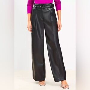 LOFT Black Wide-Leg Belted Pants Faux Leather NWT